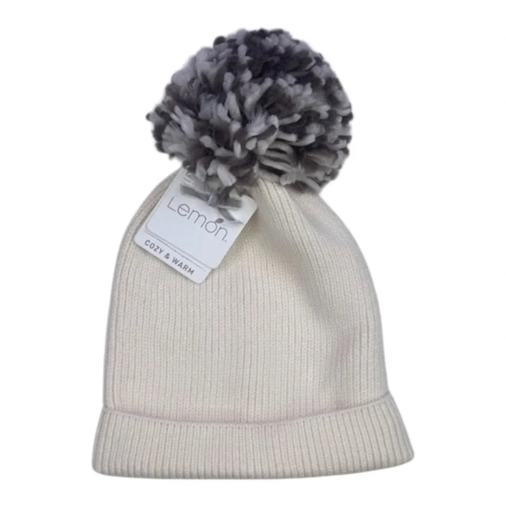 Lemon Cream Ribbed Knit Pom Beanie Hat One Size NWT